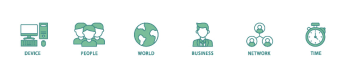 Internet of things icon set flow process illustrationwhich consists of device, people, world, business, network and time icon live stroke and easy to edit 