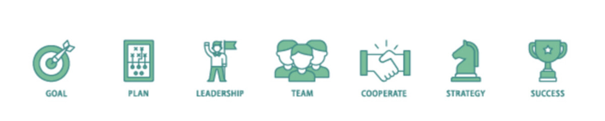 Mission icon set flow process illustrationwhich consists of goal, plan, leadership, team, cooperate, strategy and success icon live stroke and easy to edit 