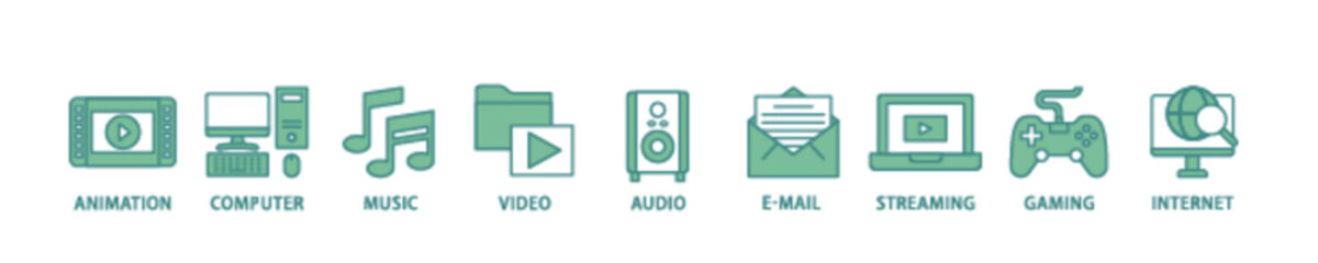 Multimedia icon set flow process illustrationwhich consists of e mail, video, audio, internet, streaming, gaming, music, computer, animation icon live stroke and easy to edit 