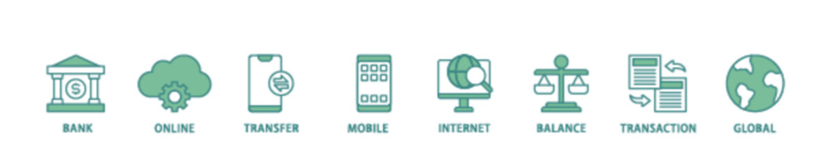 Online banking icon set flow process illustrationwhich consists of account, online payment, transfer funds, mobile banking, internet banking, balance check icon live stroke and easy to edit 