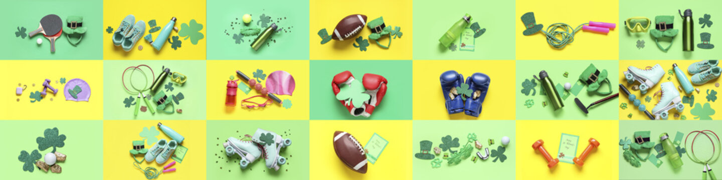 Collage Of Sports Equipment And Symbols Of St. Patrick's Day On Yellow And Green Backgrounds