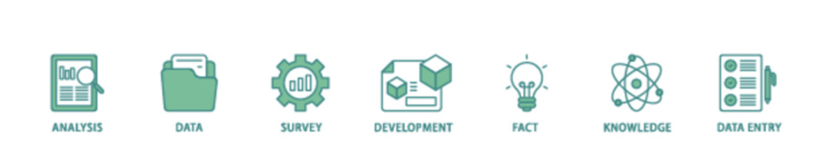 Research icon set flow process illustrationwhich consists of analysis, data, survey, development, fact, knowledge and data entry icon live stroke and easy to edit 