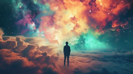 SIlhouette of a person standing in the clouds, motivational and self-growth illustration, creativity and personal education backdrop