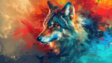 Portrait of a painted wolf against colourful abstract background