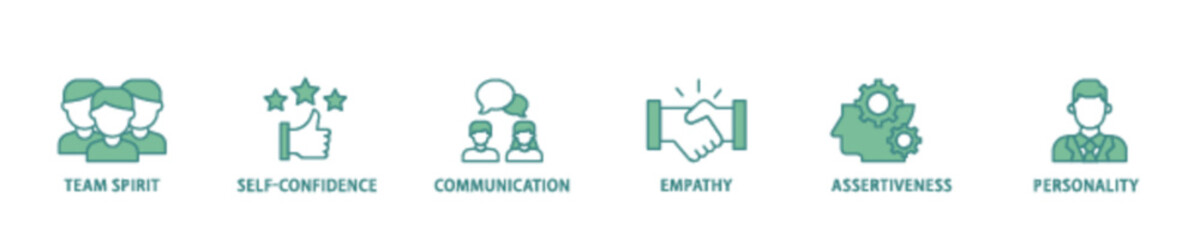 Soft skills icon set flow process illustrationwhich consists of team spirit, self confidence, communication, empathy, assertiveness, and personality icon live stroke and easy to edit 