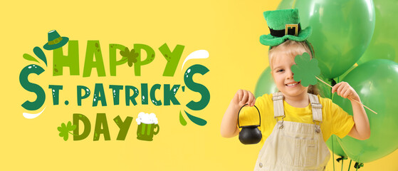 Festive banner for St. Patrick's Day celebration with happy girl holding clover and leprechaun's pot