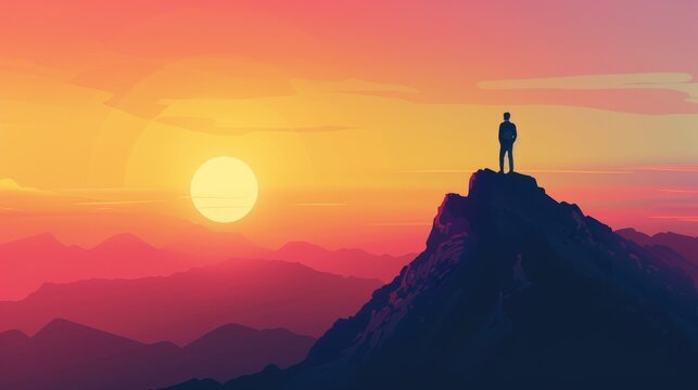 Silhouette of a human on the top of mountain, motivational and self-growth illustration for rising to the top of your possibilities, red gradient backdrop