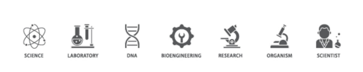 Biotechnology icon set flow process illustrationwhich consists of scientist, bioengineering, organism, research, dna, laboratory, science icon live stroke and easy to edit 