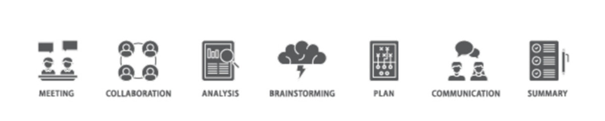 Brief icon set flow process illustrationwhich consists of meeting, collaboration, analysis, brainstorming, plan, communication, and summary icon live stroke and easy to edit 