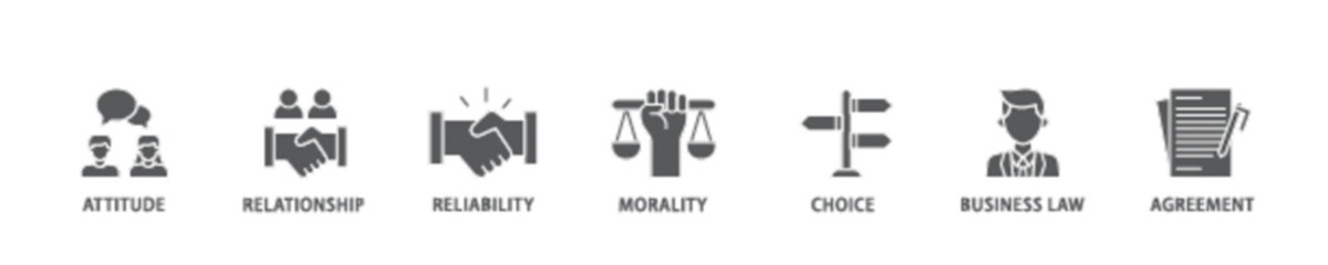 Business ethics icon set flow process illustrationwhich consists of attitude, relationship, reliability, morality, choice, business law and agreement icon live stroke and easy to edit 