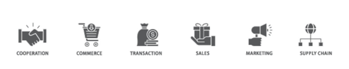 Business to business icon set flow process illustrationwhich consists of cooperation, commerce, transaction, sales, marketing, supply chain icon live stroke and easy to edit 