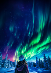 Fototapeta na wymiar Lapland's Northern Lights Magic: A Happy Tourist Woman, Witnesses the Spectacular Display Over Snow-Covered Mountains, Creating an Enchanting and Tranquil Winter Night Adventure.