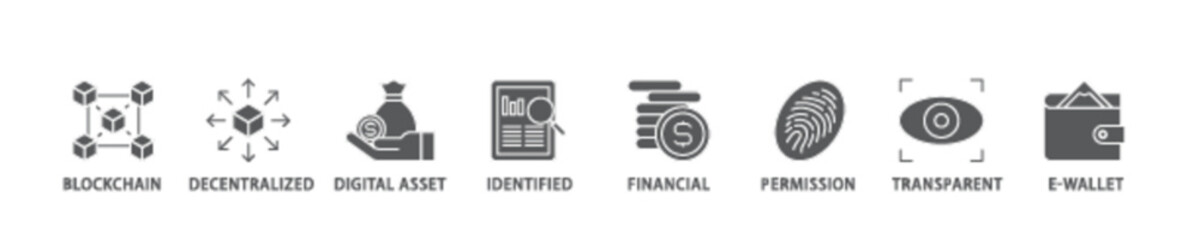 Fototapeta premium Defi icon set flow process illustrationwhich consists of blockchain, decentralized, digital assset, identified, financial, permission, transparent and e wallet icon live stroke and easy to edit 