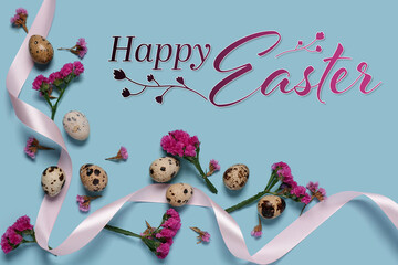 Easter greeting card with eggs and flowers on light blue background