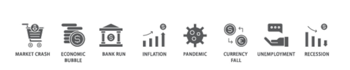 Economic crisis icon set flow process illustrationwhich consists of recession, unemployment, inflation, currency fall, pandemic, bank run icon live stroke and easy to edit 