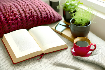 침구위에 있는 커피와 책,편안한 아침 분위기 - obrazy, fototapety, plakaty