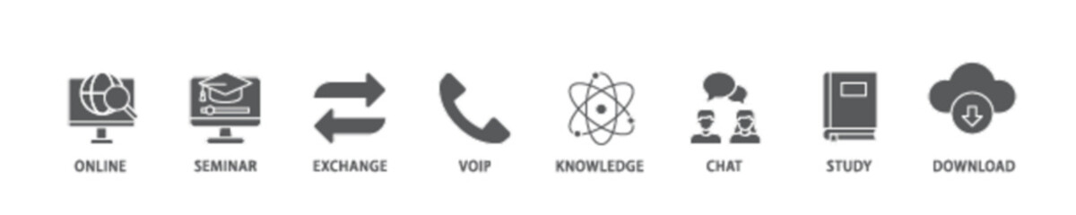 E learning icon set flow process illustrationwhich consists of online, seminar, exchange, voip, knowledge, chat, study and download icon live stroke and easy to edit 