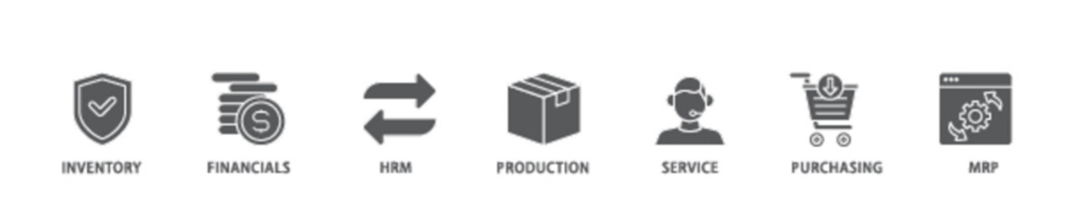 ERP icon set flow process illustrationwhich consists of inventory, financials, hrm, production, service, purchasing, and mrp icon live stroke and easy to edit 