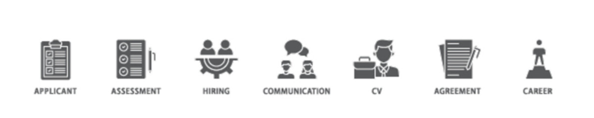Job interview banner web icon illustration concept with icon of applicant, assessment, hiring, communication, cv, agreement and career icon live stroke and easy to edit 