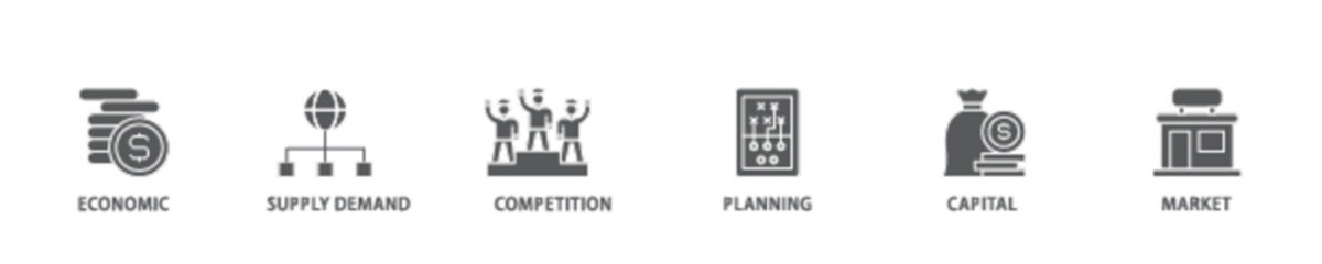 Market economy banner web icon illustration concept with icon of economic, supply demand, competition, planning, capital, market icon live stroke and easy to edit 