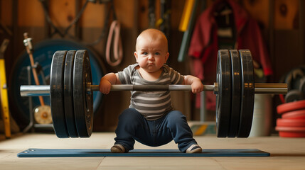Infant in a squat position holding a barbell. Great for fitness inspiration content and parenting magazines - obrazy, fototapety, plakaty