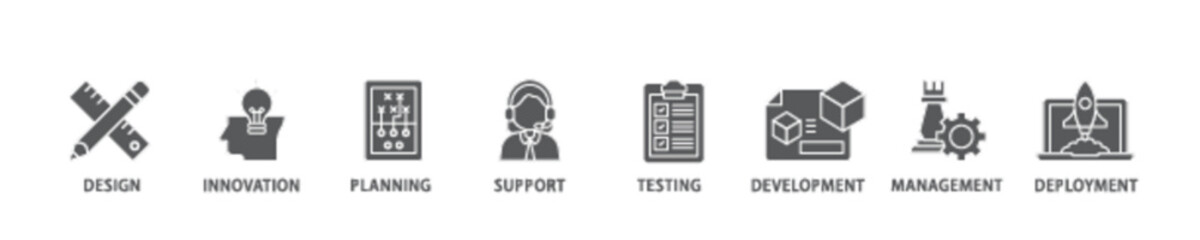 Product banner web icon illustration concept with icon of innovation, objective, service, efficiency, delivery, quality and price icon live stroke and easy to edit 