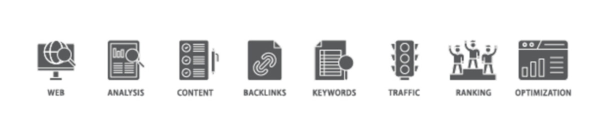 SEO banner web icon illustration concept with icon of website, analysis, content, backlinks, keywords, traffic, ranking, and optimization icon live stroke and easy to edit 