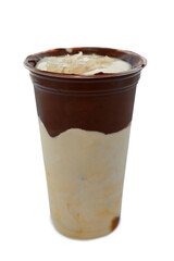 Panoramic still life of colorful frozen fruit granita drinks flowing in plastic takeaway cups with ice cream straws