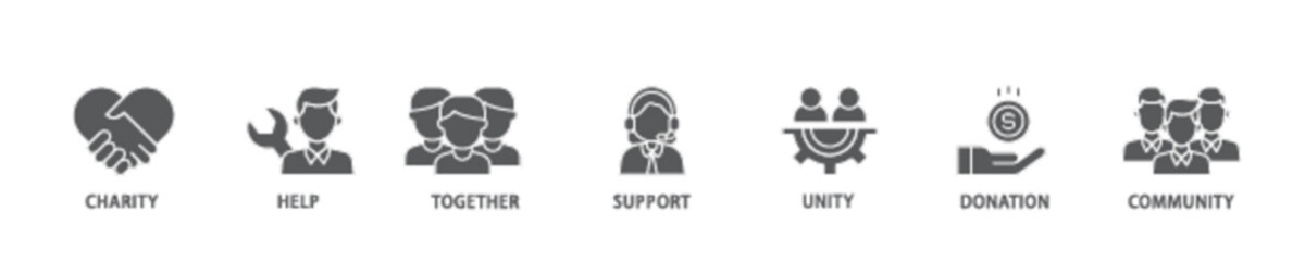 Volunteering banner web icon illustration concept with icon of charity, help, together, support, unity, donation, and community icon live stroke and easy to edit 