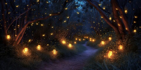 Pathway Through Enchanted Forest with Lanterns