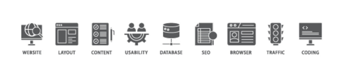 Web design banner web icon illustration concept with icon of coding, traffic, browser, usability, seo, database, content, layout, website icon live stroke and easy to edit 