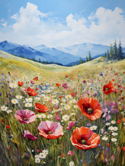 Art oil painting with meadow mountain flowers in spring