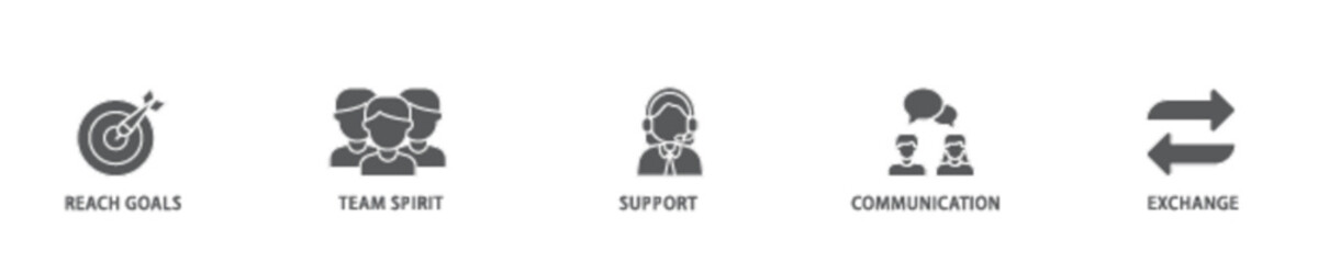 Working together banner web icon illustration concept with icon of collaboration, reach goals, team spirit, support, communication, and exchange icon live stroke and easy to edit 