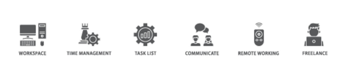 Work from home banner web icon illustration concept with icon of workspace, time management, task list, communicate, remote working and freelance icon live stroke and easy to edit 