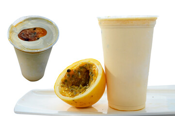 Panoramic still life of colorful frozen fruit granita drinks flowing in plastic takeaway cups with ice cream straws