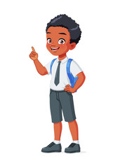 Smart little African American school boy index finger pointing up with idea. Cartoon vector illustration.