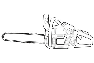 Chainsaw isolated illustration, vector line art, Chainsaw vector, petrol chain saw, modern chainsaw, chainsaw concept, line vector.