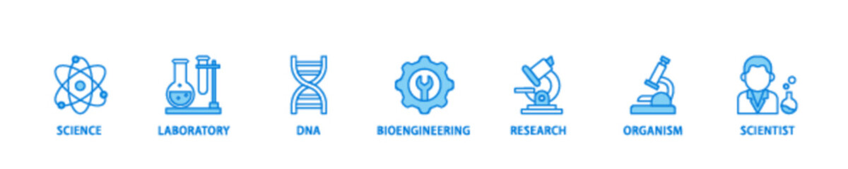 Biotechnology banner web icon illustration concept with icon of scientist, bioengineering, organism, research, dna, laboratory, science icon live stroke and easy to edit 