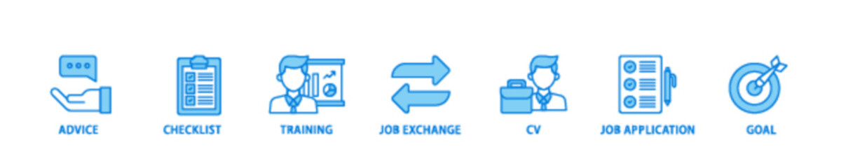Career planning banner web icon illustration concept with icon of advice, checklist, training, job exchange, cv, job application and goal icon live stroke and easy to edit 