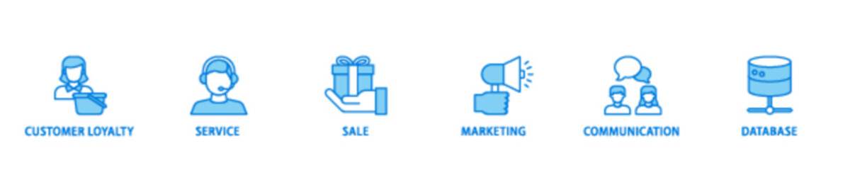 CRM icon set flow process illustrationwhich consists of customer loyalty, service, sale, marketing, communication, and database icon live stroke and easy to edit 