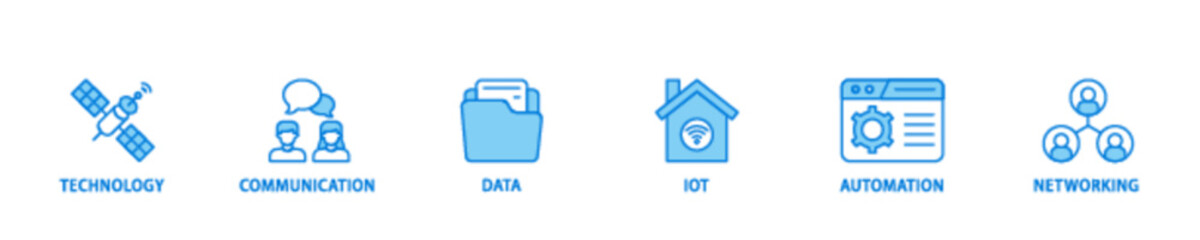 Digital transformation icon set flow process illustrationwhich consists of technology, communication, data, iot, ict, automation, internet, and networking icon live stroke and easy to edit 