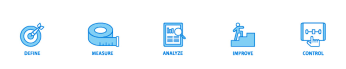 Dmaic icon set flow process illustrationwhich consists of management, performance, development, target icon live stroke and easy to edit 