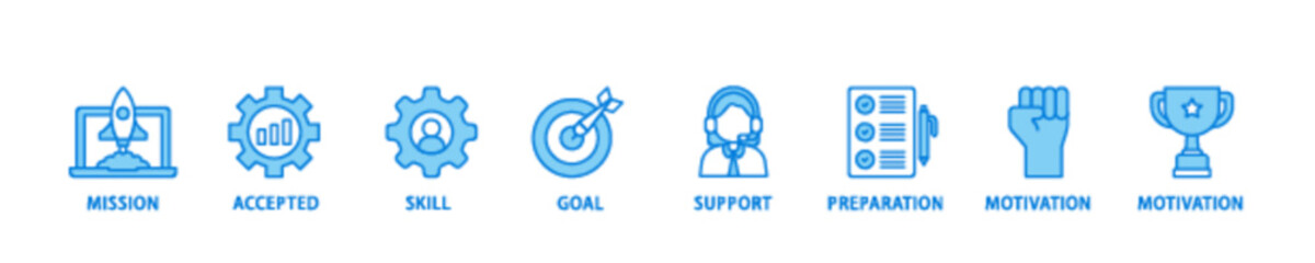 Challenge icon set flow process illustrationwhich consists of mission, accepted, skill, goal, support, preparation, motivation and success icon live stroke and easy to edit 