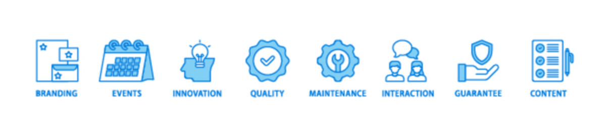 Customer engagement icon set flow process illustrationwhich consists of branding, events, innovation, quality, maintenance, interaction, guarantee, content icon live stroke and easy to edit 