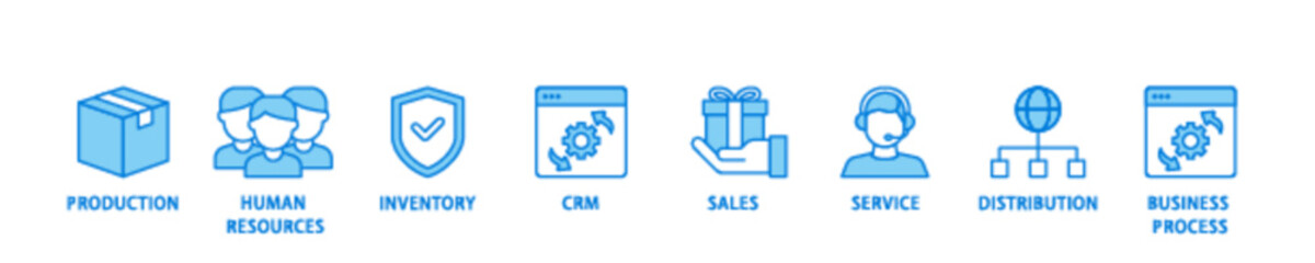 Enterprise resource planning icon set flow process illustrationwhich consists of production, human resources, inventory, crm, sales, service icon live stroke and easy to edit 