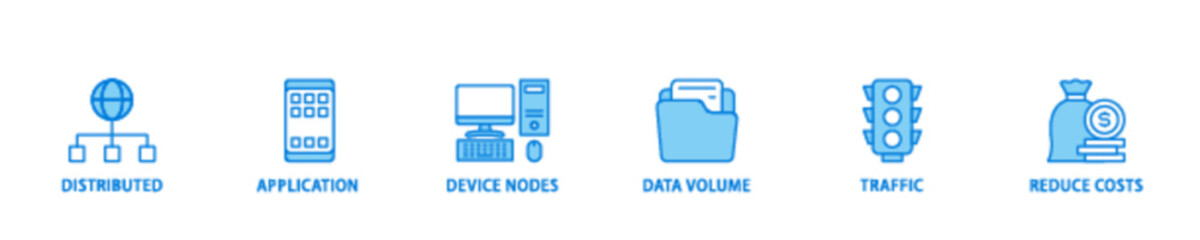 Edge computing icon set flow process illustrationwhich consists of distributed computing, application, device nodes, data volume, traffic and reduce costs icon live stroke and easy to edit 