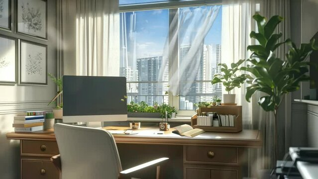 Cozy workspace with computer setup and houseplants. Cartoon or anime illustration style. Seamless looping 4 ktime-lapse virtual video animation background
