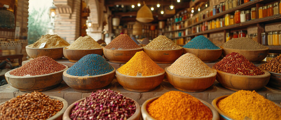 Fototapeta premium bowls of different types of spices are on a table