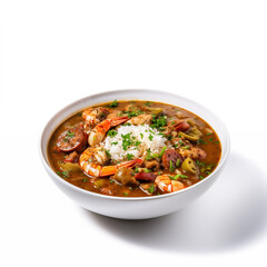 Gumbo dish, Flavorful stew made with a strong flavored stock, meat and shellfish, and vegetables