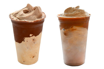 Panoramic still life of colorful frozen fruit granita drinks flowing in plastic takeaway cups with ice cream straws